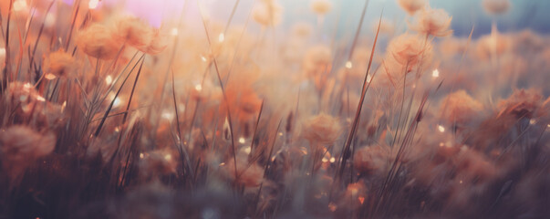 Wild grass at sunset. Macro image, shallow depth of field. Abstract summer nature background. Banner - Powered by Adobe