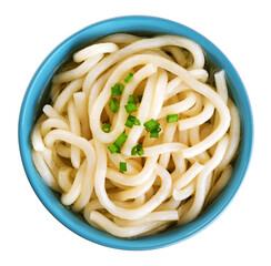 Dashi soup with udon noodles and onions on white background. Top view.