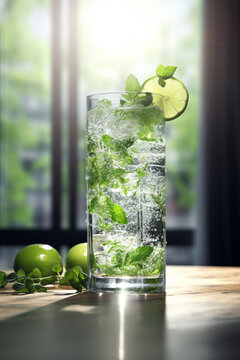 Refreshing mint cocktail mojito with rum and lime, cold drink or beverage