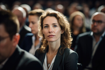 Woman sitting calmly in front of crowd of people. This image can be used to represent leadership, public speaking, or being center of attention.