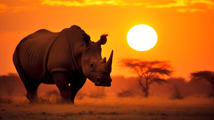 wildlife, nature, world wildlife day, rhino on sunset - obrazy, fototapety, plakaty