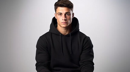 Portrait of an athletic man sitting and looking at the camera on a white background