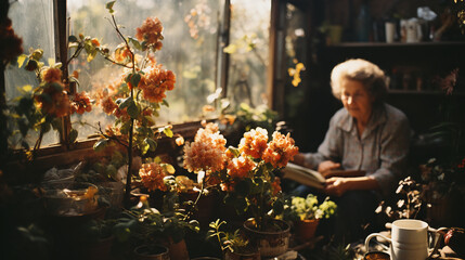 authentic style photo shot of a granny in the garden analog film with nostalgia vibes in serene shades