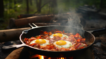 Camping breakfast with bacon and eggs in a cast iron skillet. Fried eggs with bacon in a pan in the forest. Food at the camp. Scrambled eggs with bacon on fire. Picnic
