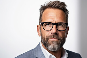 Professional man with glasses and beard wearing suit. Suitable for business, corporate, and professional themes.