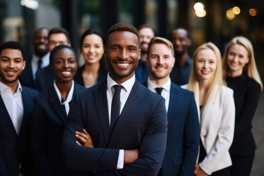 Group of business people gathered together, posing for professional picture. This image can be used for corporate presentations, team-building materials, or business-related articles.