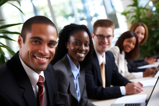 Group of business people gathered around table, focused on their work, using laptop. This image can be used to represent teamwork, collaboration, and modern office environment.