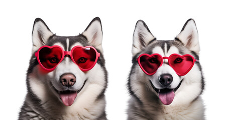 Heart-Shaped Sunglasses on a Cute Siberian Husky Set for Valentine’s Day, Isolated on Transparent Background, PNG