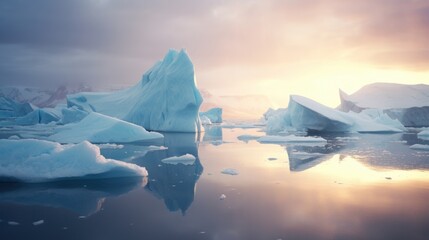 Majestic icebergs glistening in a polar landscape portraying the pristine beauty and minimalism of icy terrains  AI generated illustration - obrazy, fototapety, plakaty