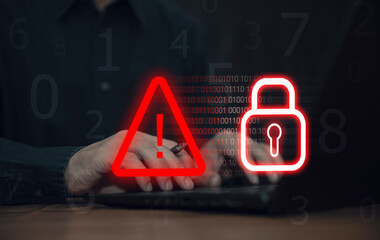 System warning caution sign, scam virus attack on firewall for notification error and maintenance....