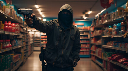 A gangster robs a supermarket. - obrazy, fototapety, plakaty