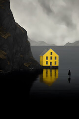 A cozy yellow house sits by the serene Danish fjord