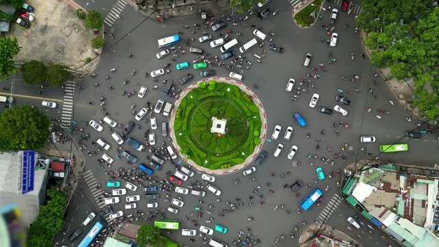 Top view of morning traffic at an intersection in Ho Chi Minh City, Vietnam.