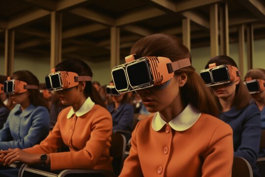 retrofuturism, students their heads adorned with sleek and futuristic helmets