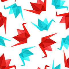 Vector bright seamless pattern with red and blue origami cranes.