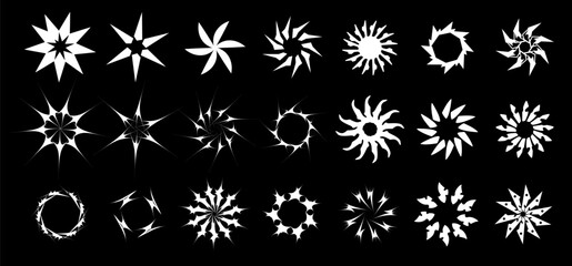 Assorted Vector Starburst Set for Dynamic Designs and Decorations. Сyber, neo tribal, acid, brutalist mandalas elements. Isolated vector illustration