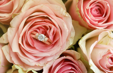Gold diamond engagement ring in beautiful pink rose flower among big amount of roses in big bouquet...