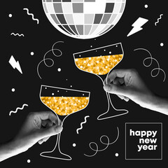 Happy new year 2024 design. With disco ball and hands holding champagne. Black collage style illustrations. Vector design for poster, banner, greeting and new year 2024 celebration.	