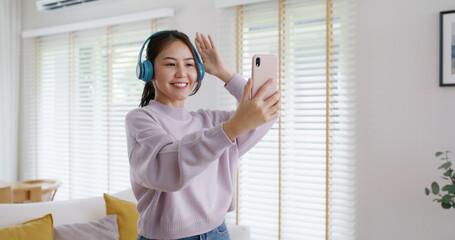 Asia vlogger woman influencer smile enjoy hobby happy fun live online screen IG reel tiktok at...