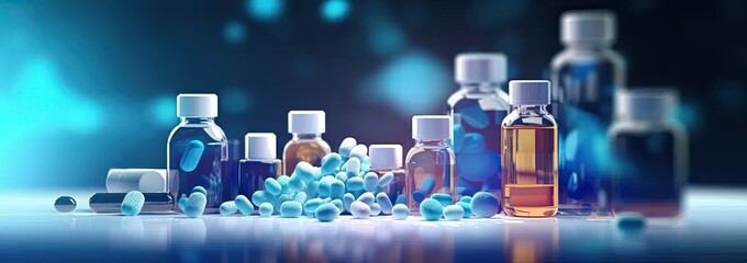 Bottles for pharmaceutical and healthcare medicines and drug research laboratory concept with copy space area
