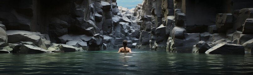 Serene Woman Enjoying a Refreshing Swim in the Calm Waters of a Lake Wearing a Stylish Hat Generative AI