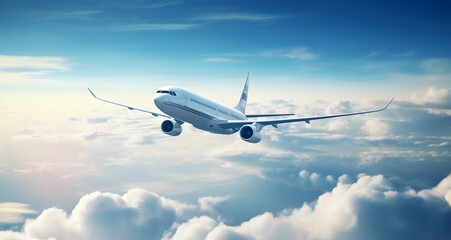 Araflane soaring high above the fluffy clouds with the radiant sun shining in the background. Generative AI