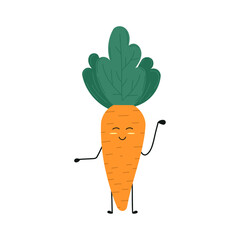 Hand drawn vector illustration of a happy carrot on isolated white background. Flat style. Bright orange and green colors. For logos, icons, emoticons.