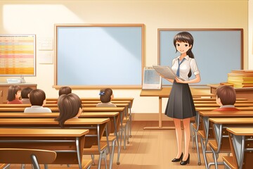 Female Teacher Giving Lecture in Front of Blackboard to Students in Classroom Generative AI