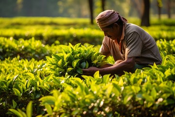 African farmer harvesting tea leaves in a lush green plantation on a sunny day. Generative AI
