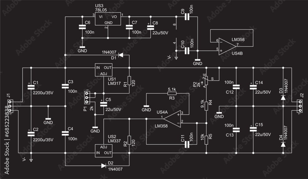 Poster schematic diagram of electronic device. vector drawing electrical circuit with operational amplifier