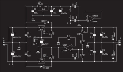 Schematic diagram of electronic device. 
Vector drawing electrical circuit with operational amplifier, 
resistor, capacitor, diode and other components.