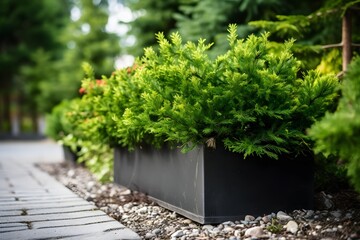 Lush Greenery Adorns the Sidewalk with an Array of Plants in Planters for a Serene Urban Oasis Generative AI