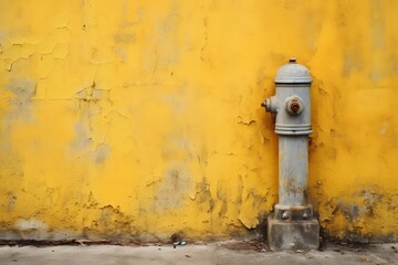 Fototapeta na wymiar Rusted Fire Hydrant Standing Out Against Vibrant Yellow Wall in Urban Setting Generative AI