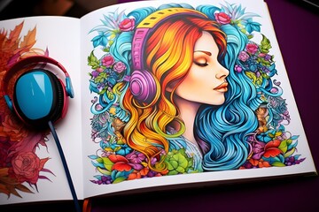 Happy and Focused Young Woman Immersed in Reading with Colorful Headphones On Generative AI