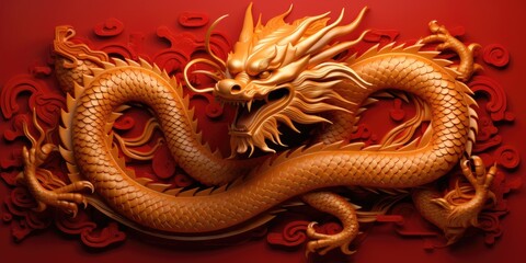 a golden dragon on red background Generative Ai