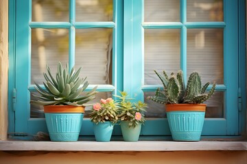 Greenery-filled Window Sill with Three Potted Plants in a Sunlit Room Generative AI