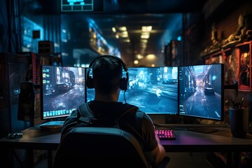 Focused businessman working on multiple screens at his desk in modern office environment Generative AI