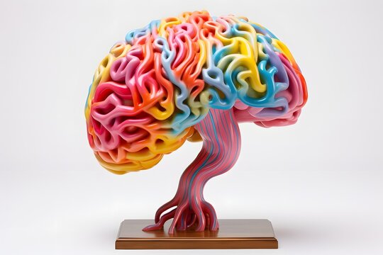 Vibrant Brain Sculpture on Wooden Base - Colorful Artwork for Neuroscience and Psychology Concepts Generative AI