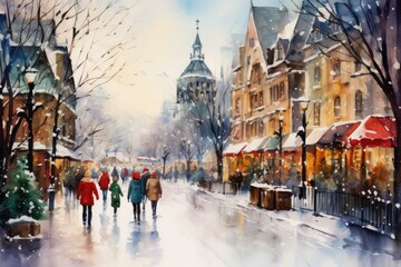 Christmas Street Market Watercolor - A whimsical watercolor painting of a bustling Christmas street...