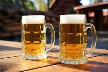 Refreshing brews on a rustic outdoor table - Two mugs of cold beer on a wooden surface in the open air Generative AI