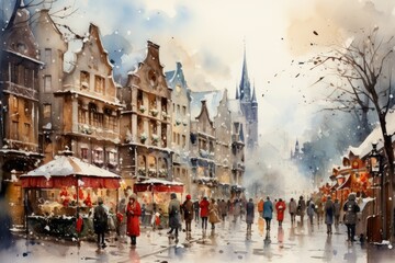 Christmas Street Market Watercolor - A whimsical watercolor painting of a bustling Christmas street market, filled with stalls selling holiday treats and gifts, and people bundled up in - AI Generated