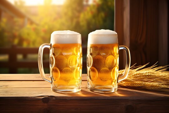Two frothy mugs of beer on wooden table with rustic background Generative AI