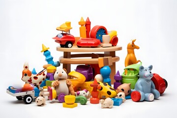 Assorted Colorful Toys and Games Arranged on a Wooden Table for Playtime and Entertainment Generative AI
