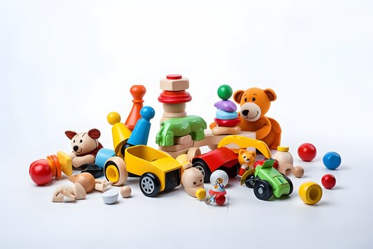 Assorted Colorful Toys on White Background for Playtime and Fun Learning Activities for Kids and Toddlers Generative AI