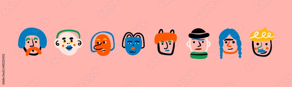 Wall mural Quirky bright portraits. Diverse people. Cute funny characters. Trendy modern art. Cartoon, minimal, abstract contemporary style. Avatar, icon, logo templates. Hand drawn Vector isolated illustrations