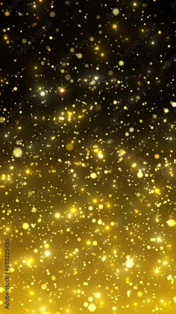 Poster vertical video animation of golden glitter particles - particles of rain with defocused bokeh on gol