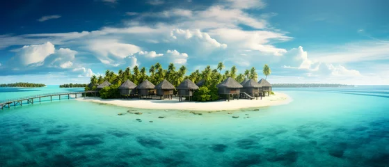 Tuinposter Tropical paradise. Luxury panorama view on Maldives resort on seascape background. Bungalow, villas on beautiful exotic beach on the ocean. Spa, leisure, concept. Honeymoon recreation.Generative ai © Inai