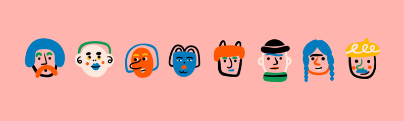 Quirky bright portraits. Diverse people. Cute funny characters. Trendy modern art. Cartoon, minimal, abstract contemporary style. Avatar, icon, logo templates. Hand drawn Vector isolated illustrations