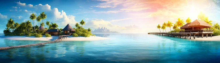 Schilderijen op glas Tropical paradise. Luxury panorama view on Maldives resort on seascape background. Bungalow, villas on beautiful exotic beach on the ocean. Spa, leisure, concept. Honeymoon recreation.Generative ai © Inai