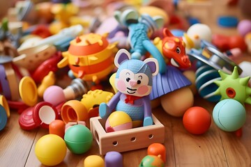 Adorable Teddy Bear Surrounded by Colorful Toys in a Playful Box for Kids' Entertainment Generative AI